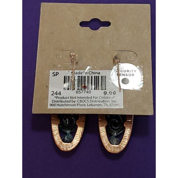 Copper Tone Metal Dangle Earrings, Oval Shape with Antiqued Bronze Scrollwork - Picture 5 of 10